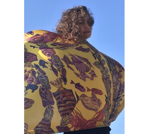 Шелковый платок "Крестики - нолики" желтый-цветной